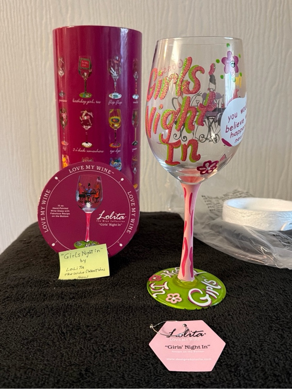 Lolita Girls' Night In Hand-Painted Wine Glass - Pink & Green
